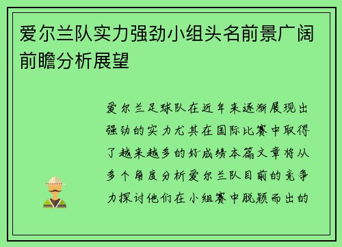 爱尔兰队实力强劲小组头名前景广阔前瞻分析展望