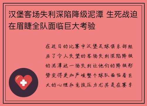 汉堡客场失利深陷降级泥潭 生死战迫在眉睫全队面临巨大考验