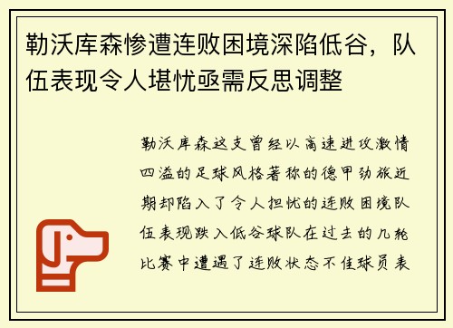 勒沃库森惨遭连败困境深陷低谷，队伍表现令人堪忧亟需反思调整