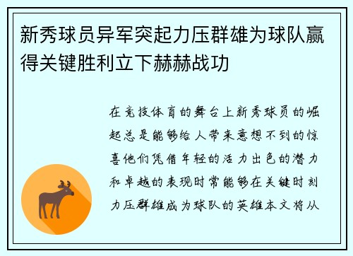 新秀球员异军突起力压群雄为球队赢得关键胜利立下赫赫战功