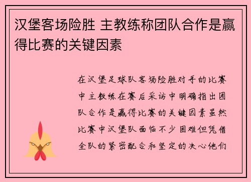 汉堡客场险胜 主教练称团队合作是赢得比赛的关键因素