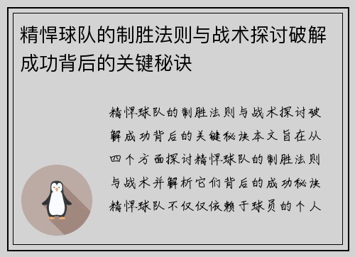 精悍球队的制胜法则与战术探讨破解成功背后的关键秘诀