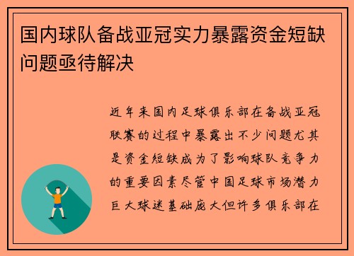 国内球队备战亚冠实力暴露资金短缺问题亟待解决