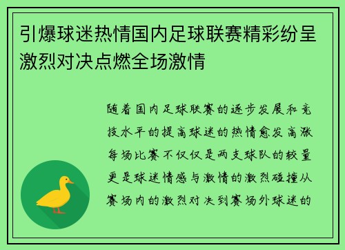 引爆球迷热情国内足球联赛精彩纷呈激烈对决点燃全场激情