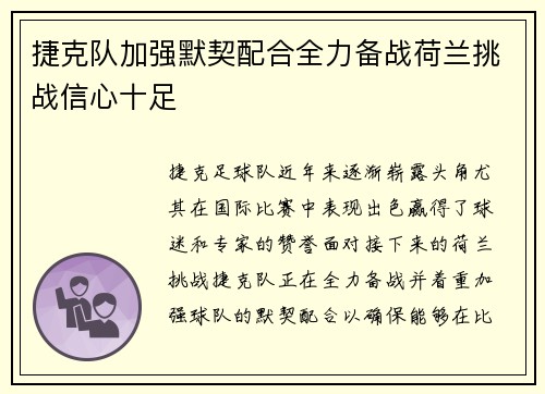 捷克队加强默契配合全力备战荷兰挑战信心十足