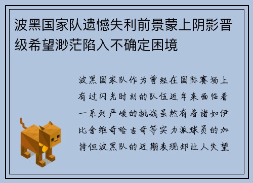波黑国家队遗憾失利前景蒙上阴影晋级希望渺茫陷入不确定困境