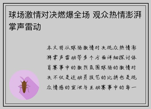 球场激情对决燃爆全场 观众热情澎湃掌声雷动