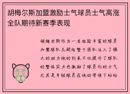 胡梅尔斯加盟激励士气球员士气高涨全队期待新赛季表现